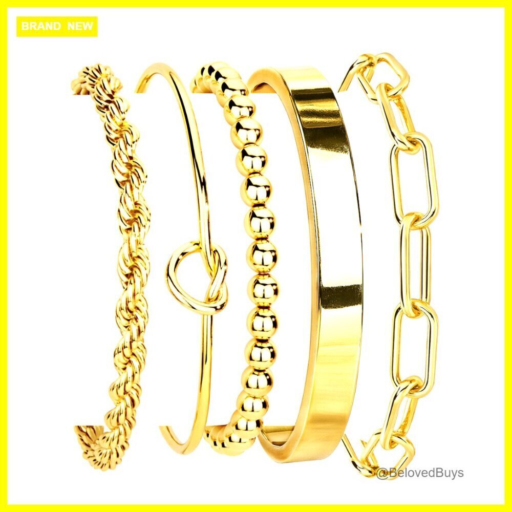 14K Gold Plated Cuff Bracelet Set, Adjustable Stackable Bangle Jewelry